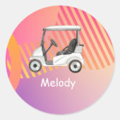 名前の付いたピンクのカラフル背景のゴルフカート ラウンドシール (正面)