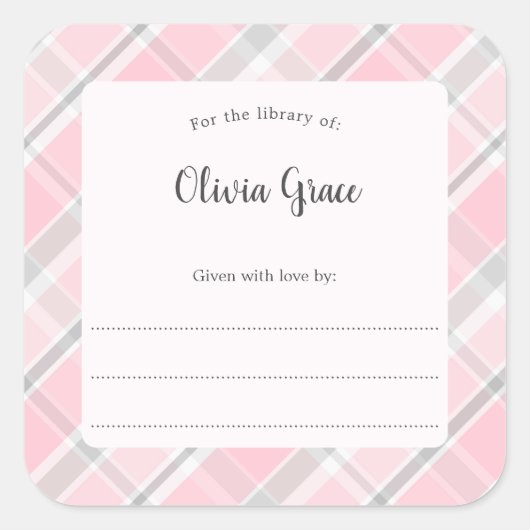 名前の付いたピンクグレープレイドフレーム蔵書票 スクエアシール (正面)