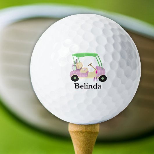 名前の付いたピンク色のグラマラスなゴルフカート ゴルフボール