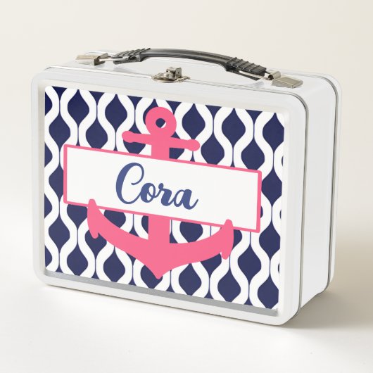 名前の付いたピンク、白航海の、青のいかり メタルランチボックス (正面)