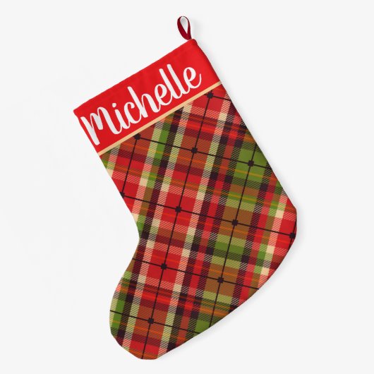 名前の付いたプレイド ラージクリスマスストッキング (裏面 (吊り時))