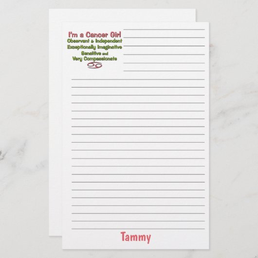 名前の付いた女の子のためのがん〔占星術の〕十二宮図のサイン 便箋 (正面/裏面)