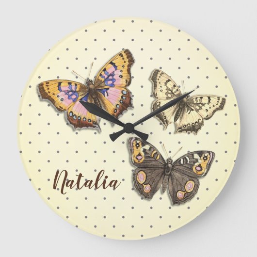 名前の付いた愛らしい水玉模様の蝶 ラージ壁時計 (正面)