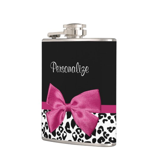 名前の付いた明るい濃いピンクのリボンヒョウの印刷 フラスク (左)