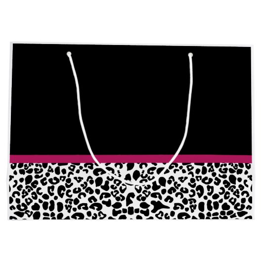 名前の付いた明るい濃いピンクのリボンヒョウの印刷 ラージペーパーバッグ (裏面)