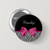 名前の付いた明るい濃いピンクのリボンヒョウの印刷 缶バッジ (正面&裏面)