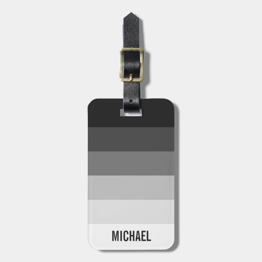 名前の付いた白黒のグラデストライプーション ラゲッジタグ (正面縦)