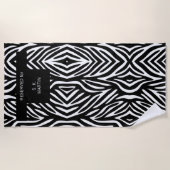 名前の付いた白黒ゼブラアニマルプリント ビーチタオル (正面)