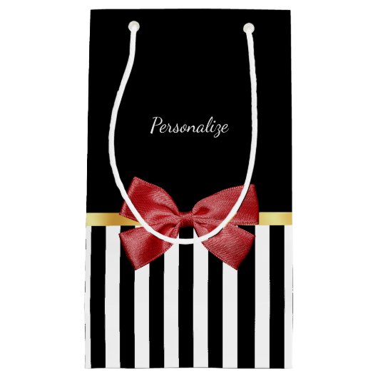 名前の付いた赤いおじストライプぎの黒と白 スモールペーパーバッグ (正面)