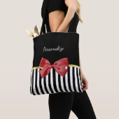 名前の付いた赤いおじストライプぎの黒と白 トートバッグ (クローズアップ)
