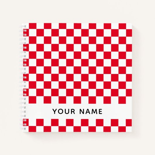 名前の付いた赤いク市松模様にロアチカル文字 ノートブック (正面)