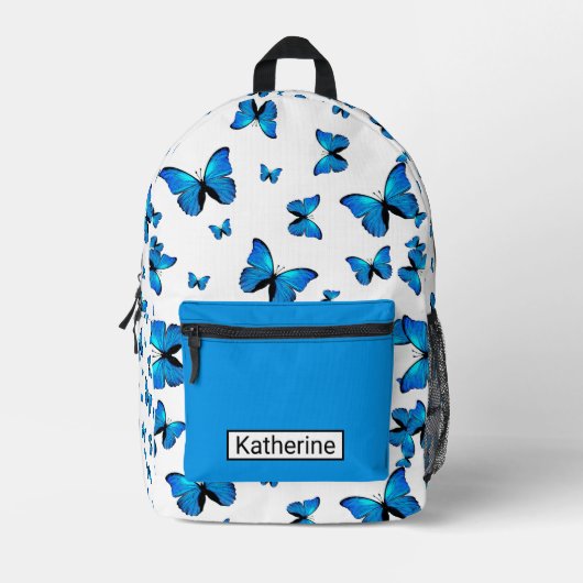 名前の付いた青い蝶 プリントバックパック (正面)