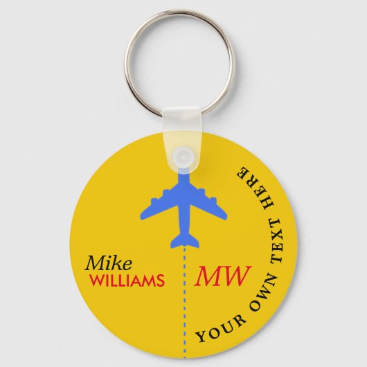 名前の付いた黄色いキーチェーンの飛行機 キーホルダー (正面)