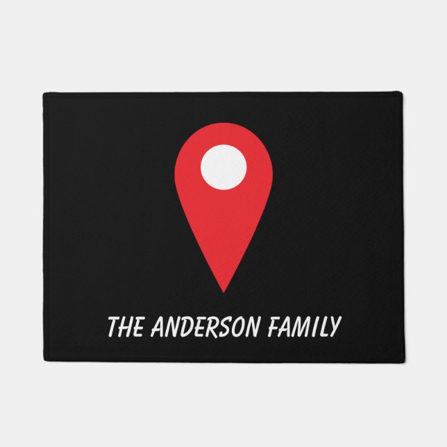 名前の付いた黒いマットの赤い位置アイコン ドアマット (正面)