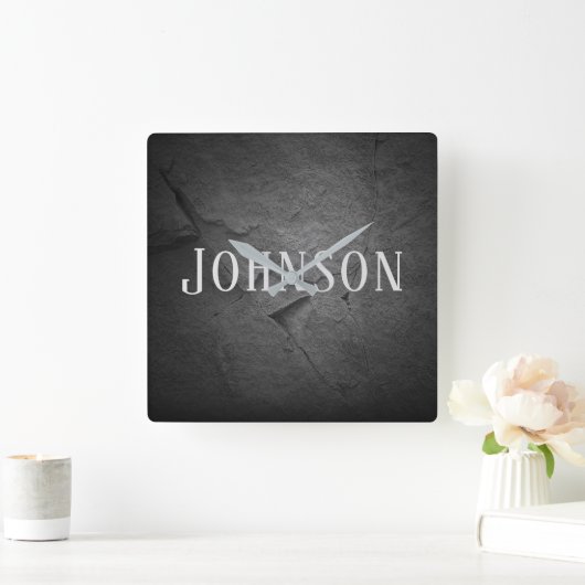 名前の付いた黒い石板石の光 スクエア壁時計 (ホーム)