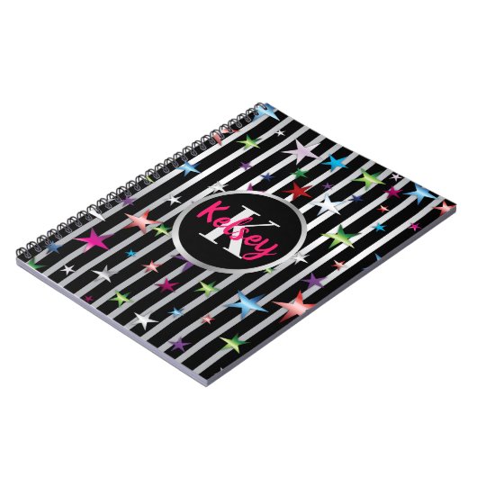 名前の付いた黒と銀ストライプの星 ノートブック (左側)