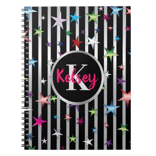 名前の付いた黒と銀ストライプの星 ノートブック (正面)