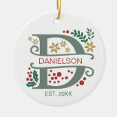 名前の付いたMonogram Red、Green、および金ゴールド文字「D」 セラミックオーナメント (正面)