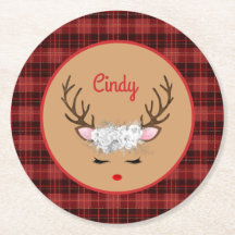 名前の付いたPlaid上の白いバラとトナカイ