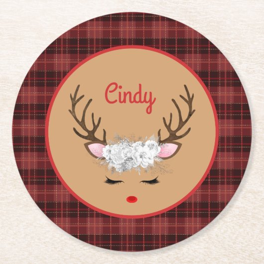名前の付いたPlaid上の白いバラとトナカイ ラウンドペーパーコースター (正面)