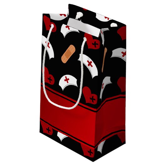 名前の付パーソナライズされたいた黒のナースパターン スモールペーパーバッグ (裏面アングル)