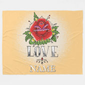 名前の変更の追加文字レッドローズタトゥーラブ フリースブランケット (正面(横))