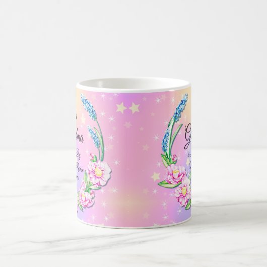 名前の変更マザーズ日おばあちゃんピンク青い花 コーヒーマグカップ (中央)