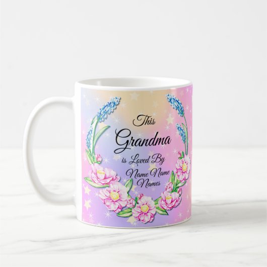 名前の変更マザーズ日おばあちゃんピンク青い花 コーヒーマグカップ (左)