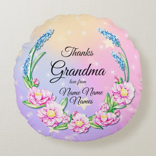 名前の変更マザーズ日おばあちゃんピンク青い花 ラウンドクッション (正面)