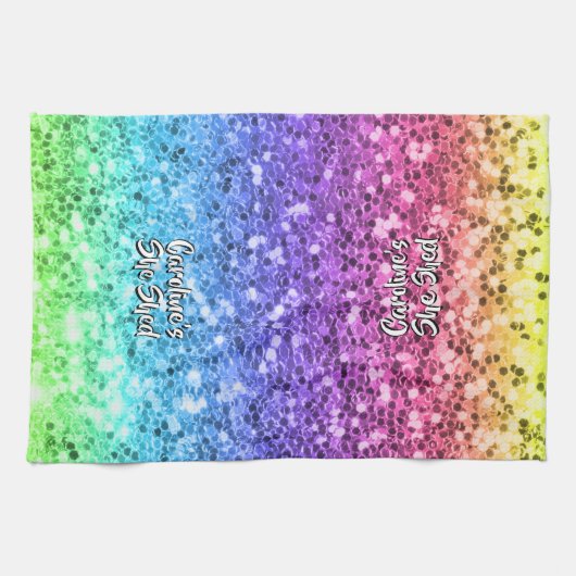 名前の変更任意の文字彼女は輝く虹を流した キッチンタオル (横)