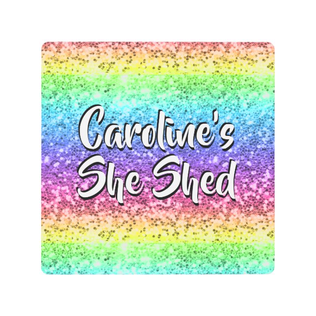 名前の変更任意の文字彼女は輝く虹を流した メタルプリント (正面)