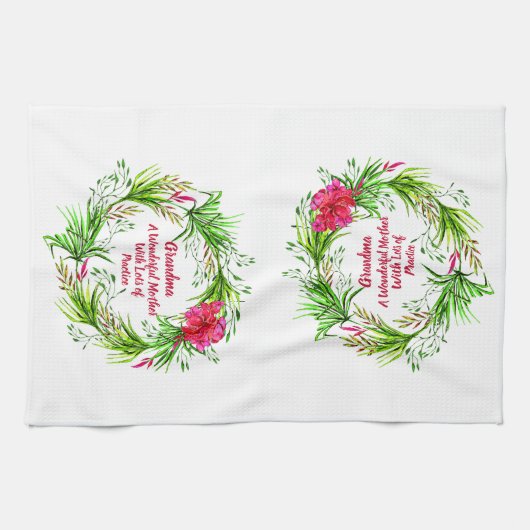 名前の変更文字おばあちゃんピンクフローラBoho キッチンタオル (横)