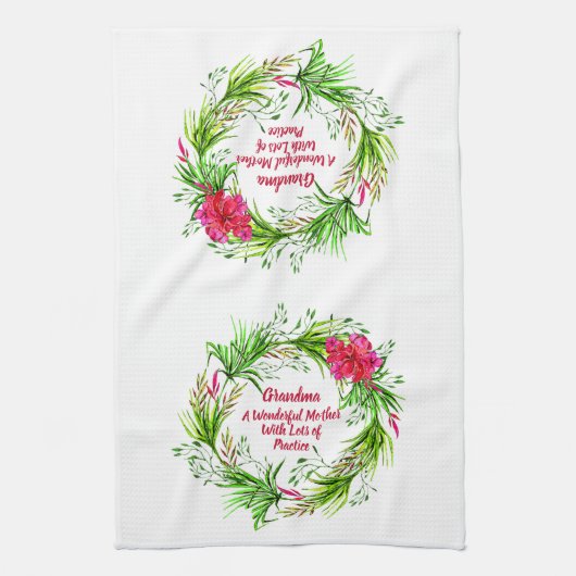 名前の変更文字おばあちゃんピンクフローラBoho キッチンタオル (縦)
