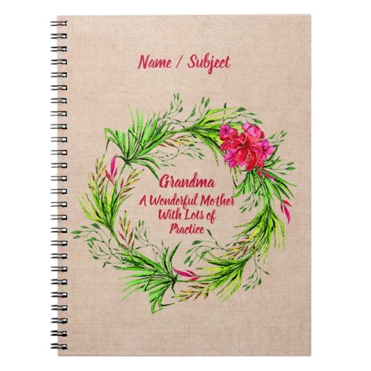 名前の変更文字おばあちゃんピンクフローラBoho ノートブック (正面)