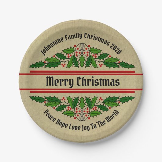 名前の変更文字クリスマスホリー7" ペーパープレート (正面)