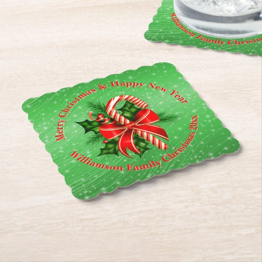 名前の変更文字赤い緑のクリスマス20xx ペーパーコースター (アングル)