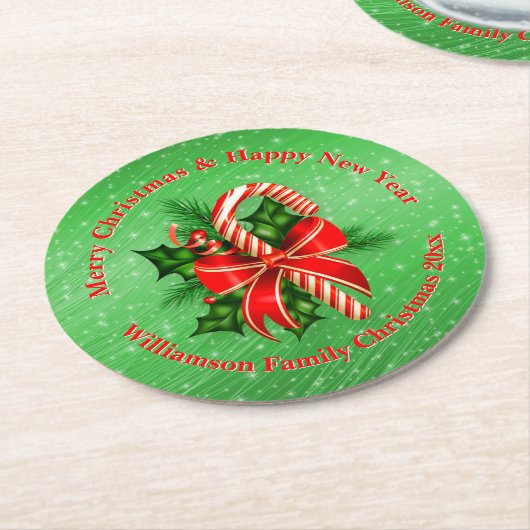 名前の変更文字赤い緑のクリスマス20xx ラウンドペーパーコースター (アングル)