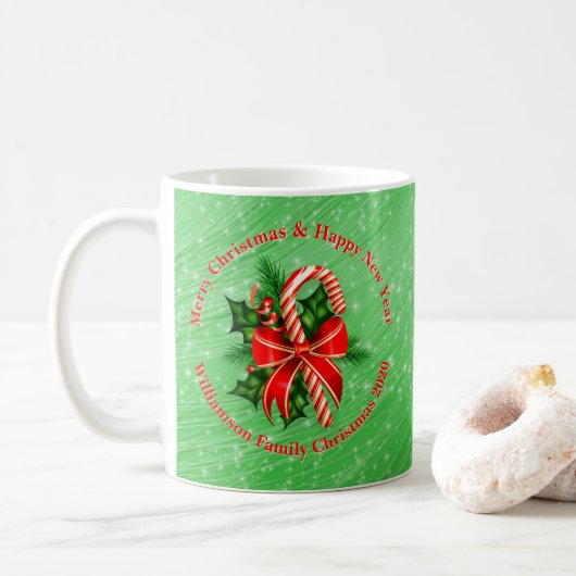 名前の変更文字赤緑クリスマス コーヒーマグカップ (ドーナツ)