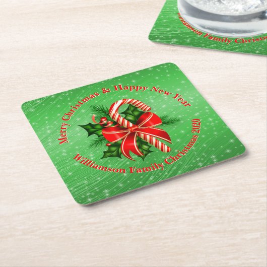名前の変更文字赤緑クリスマス スクエアペーパーコースター (アングル)