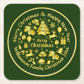 名前の変更文字金ゴールドグリーンクリスマス20xx スクエアペーパーコースター (正面)