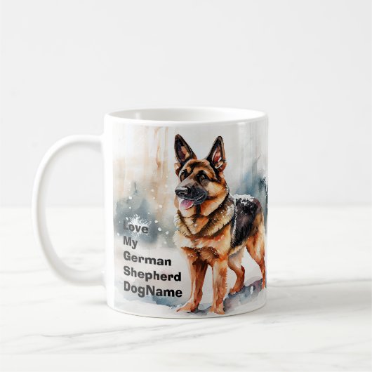 名前の変更文字、雪のドイツの羊飼いの追加#1 コーヒーマグカップ (左)