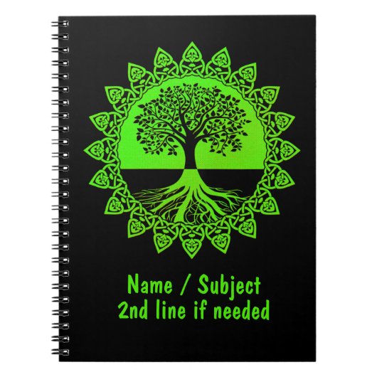 名前の変更文字- Green Celtic Tree of Life Black ノートブック (正面)