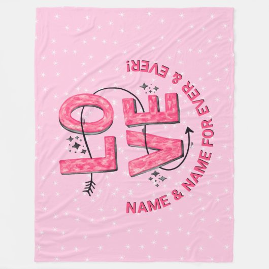 名前の変更文字Boho LOVEワード文字タイプピンク フリースブランケット (正面)