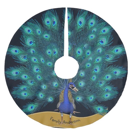 名前の孔雀クリスマスツリースカートの装飾 ブラッシュドポリエステルツリースカート (正面)