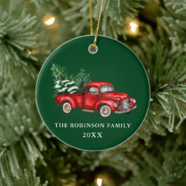 名前の年の水の色ヴィンテージ赤いトラックの木々緑 セラミックオーナメント