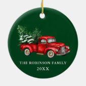 名前の年の水の色ヴィンテージ赤いトラックの木々緑 セラミックオーナメント (裏面)