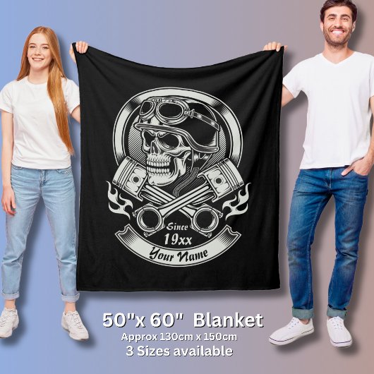 名前の年を追加ヴィンテージバイクもしくは自転車に乗る人スカル交差ピストン フリースブランケット