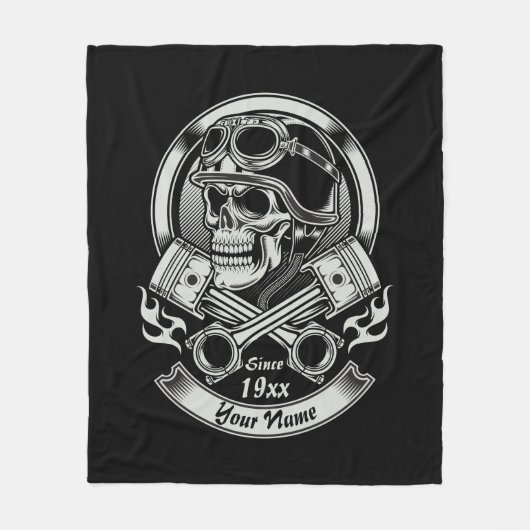 名前の年を追加ヴィンテージバイクもしくは自転車に乗る人スカル交差ピストン フリースブランケット (正面)
