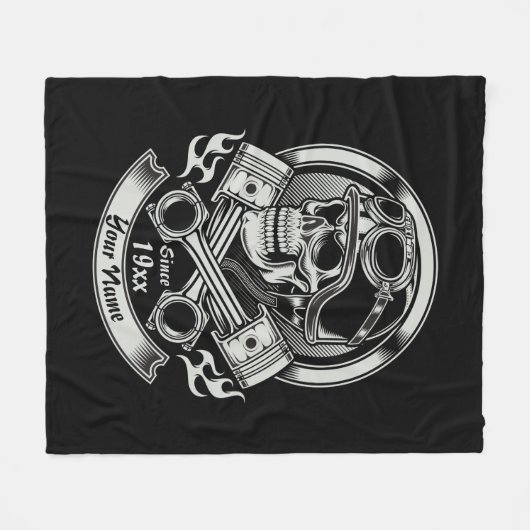 名前の年を追加ヴィンテージバイクもしくは自転車に乗る人スカル交差ピストン フリースブランケット (正面(横))