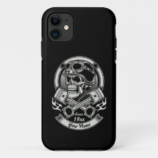 名前の年を追加ヴィンテージバイクもしくは自転車に乗る人スカル交差ピストン iPhone 11 ケース